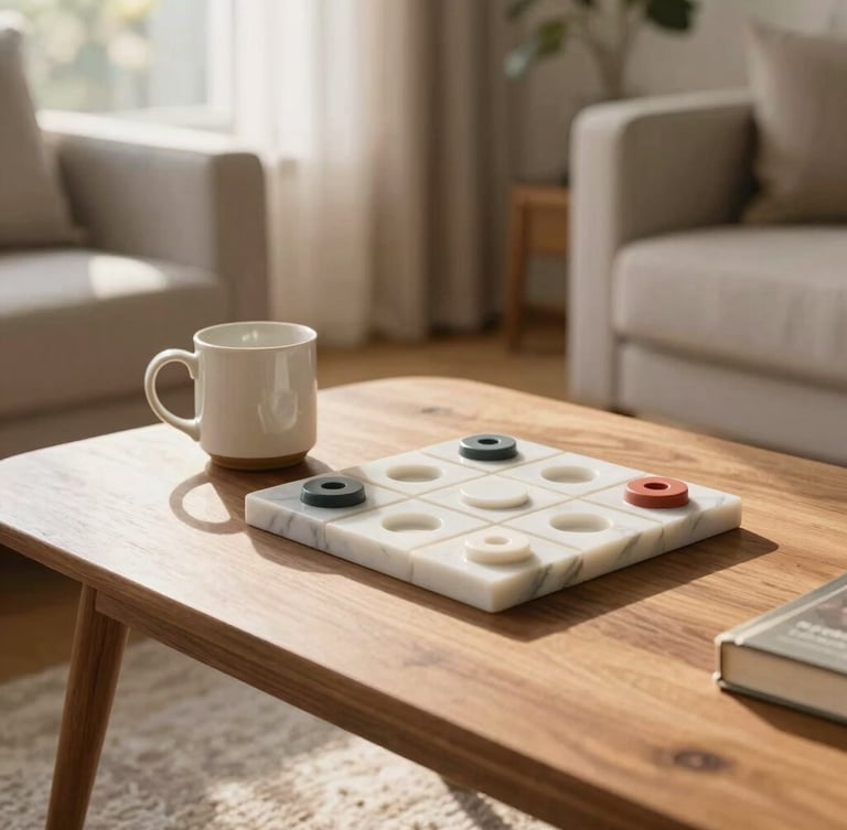 A beautifully styled wooden coffee table in a sunlit living room, featuring a ceramic mug next to a marble Tic Tac Toe game, soft morning window light, cozy luxury aesthetic, 35mm
