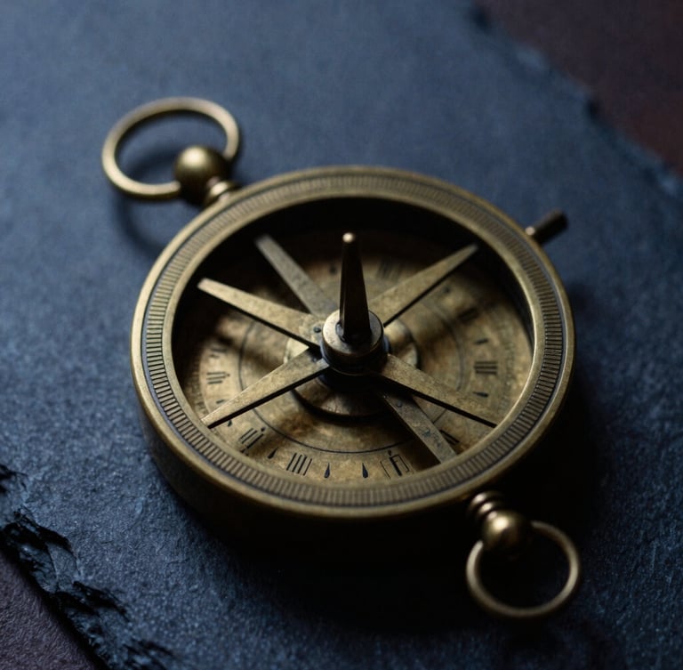 Macro close-up of a vintage brass astrolabe, dramatic chiaroscuro lighting, dark slate background, 35mm film grain