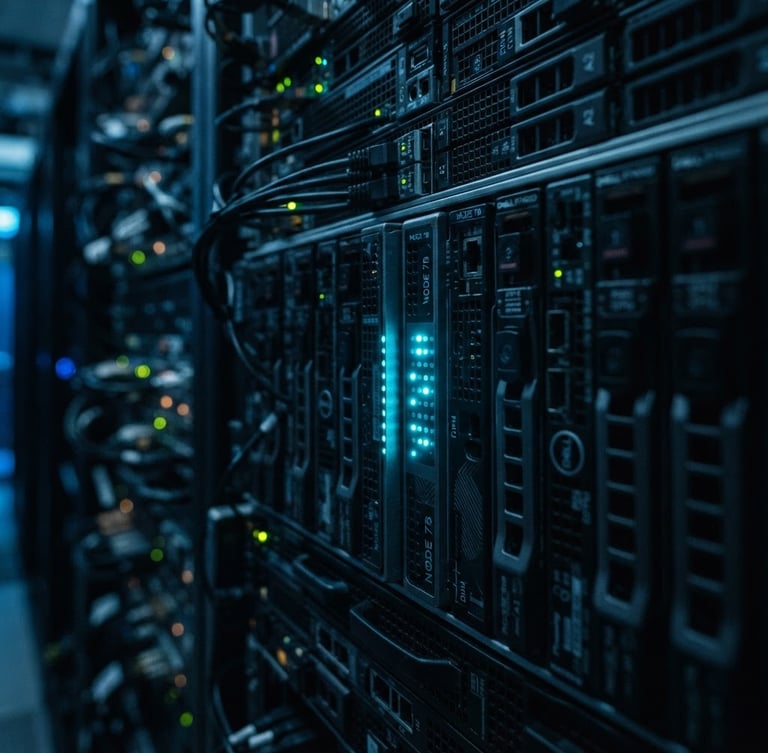 Macro close-up of high-density server rack blades, cool blue terminal glow, sharp focus on blinking cyan status LEDs, dark-mode aesthetic, 35mm cinematic lens