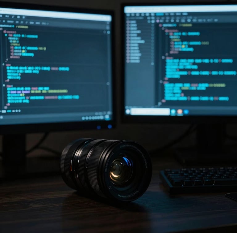 A high-contrast close-up of a modern developer workstation in San Francisco, terminal screens displaying clean code in electric cyan, moody low-key ambient lighting, 35mm cinematic lens.
