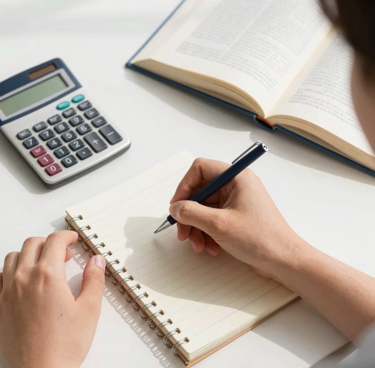 Overhead flat-lay of a student's hands writing in a paper ledger next to a classic calculator and open textbook, bright natural daylight, sharp shadows.