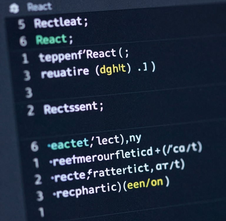 Tight macro shot of clean, zero-bloat React code on a dark terminal screen, cool-toned ambient blue light, sharp focus on syntax