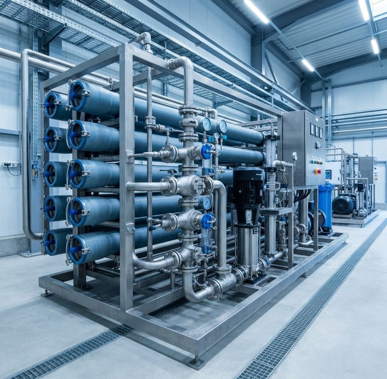 A heavy industrial RO skid with stainless steel multi-port valves and high-pressure vessels, bright clean industrial overhead lighting, cool blue and metallic tones.