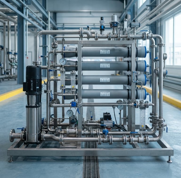 Crisp industrial photography of a heavy-duty stainless steel industrial RO skid, high-pressure membranes, clean neutral daylight, cool blue and metallic tones, sharp focus, 35mm lens