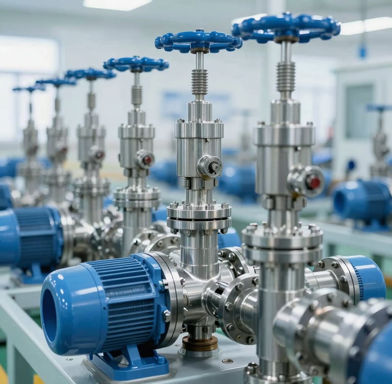 A close-up of a heavy industrial RO skid with stainless steel multi-port valves and high-pressure pumps in a bright, clean Indian manufacturing plant, crisp daylight.