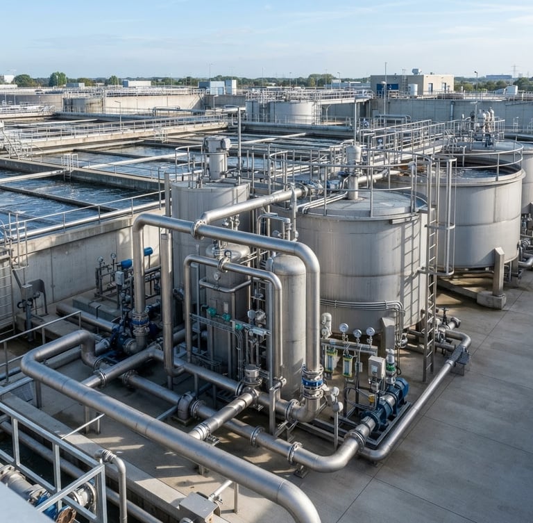 Industrial sewage treatment plant with stainless steel piping and large filtration tanks under bright, clear daylight, crisp focus.