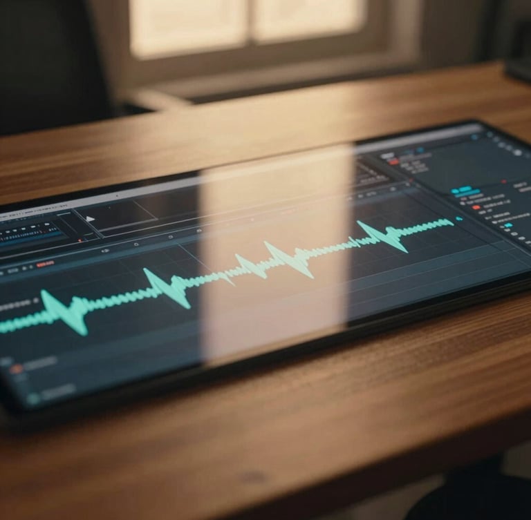 Extreme close-up of a digital video editing timeline, glowing waveforms on a dark screen, warm golden-hour window light reflecting on a clean wooden desk, cinematic 35mm photography