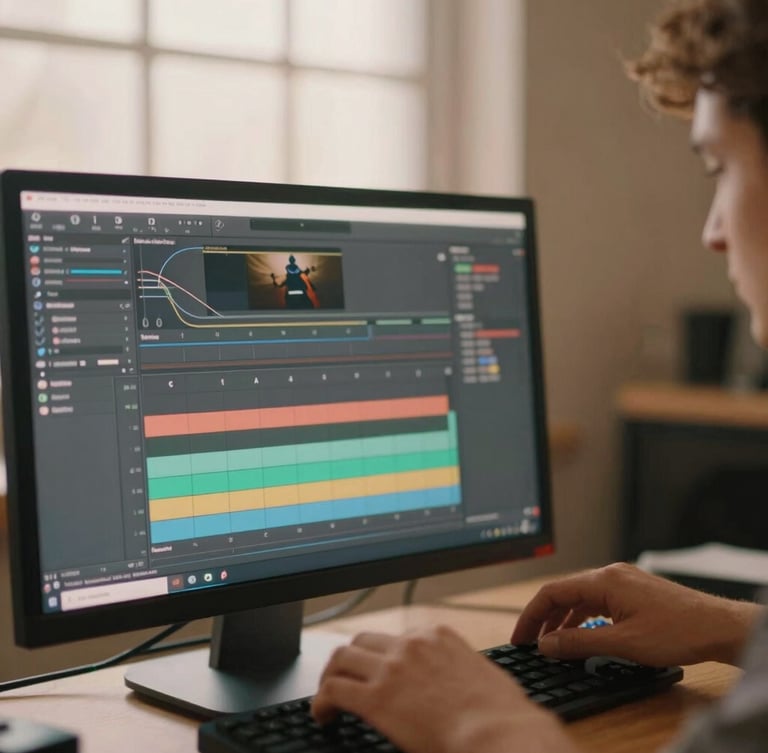 A close-up, shallow depth of field shot of hands working on an editing timeline on a clean, backlit monitor in a warm, sand-toned creative studio, diffused studio glow.
