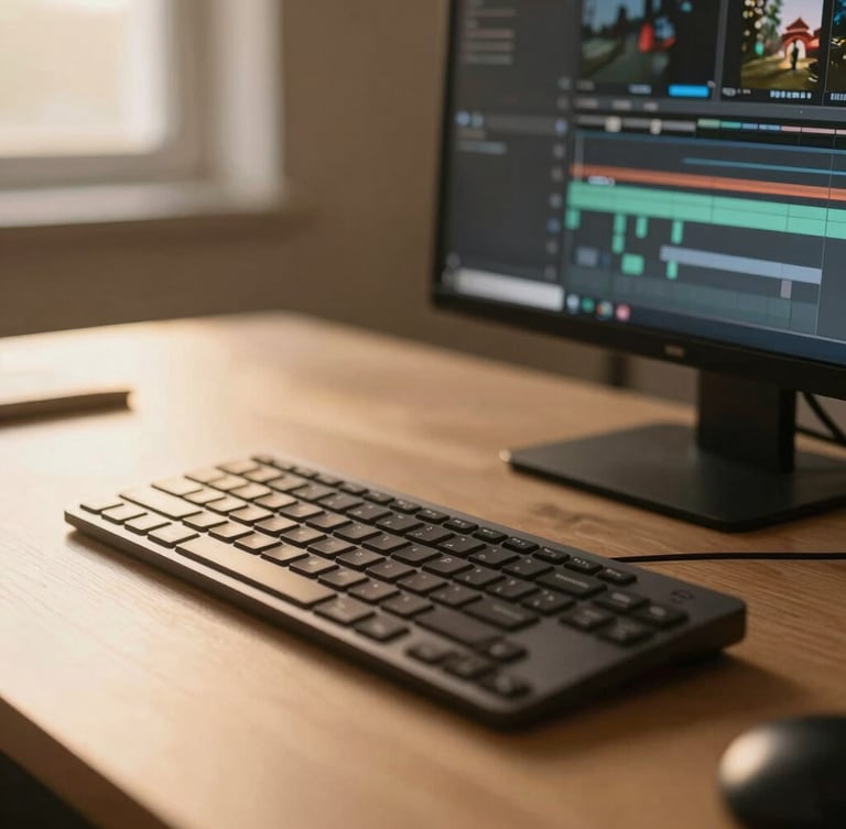 Shallow depth of field close-up of a modern editing desk, warm golden-hour light streaming across a keyboard and a digital screen showing video timelines, minimalist aesthetic, 35mm.