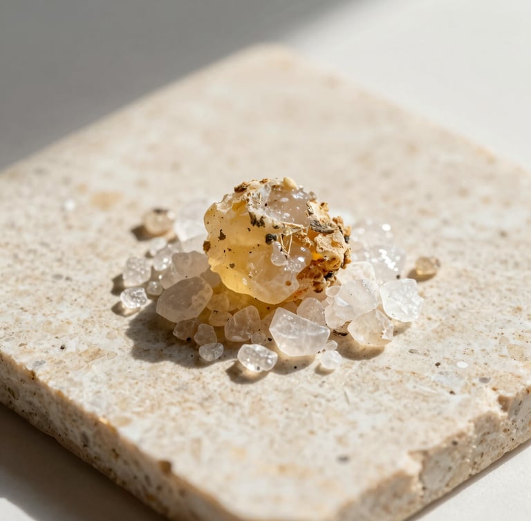 Macro crop of raw mineral salt crystals and high-altitude botanical resin on a flat travertine slab, hard directional sunlight, long shadows, warm ivory and beige tones, ultra-sharp macro, 35mm