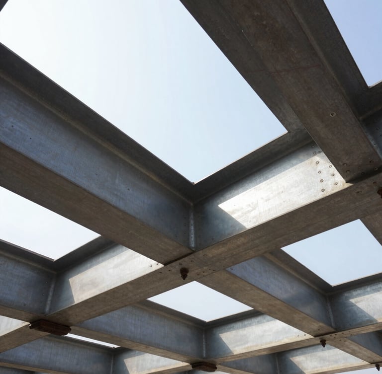 Low-angle heroic shot of massive steel structural beams being bolted together on an active industrial construction site, high-contrast morning sunlight, grit and dust