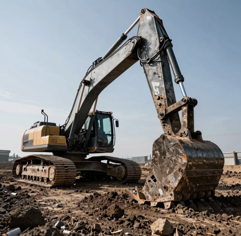 Low-angle heroic shot of a heavy excavator digging deep into dark earth, harsh direct sunlight, high-contrast steel and concrete tones, wide-angle lens, dramatic depth of field.