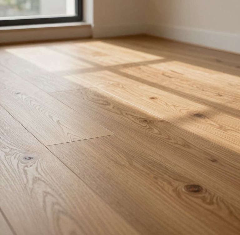 Low-angle architectural shot of a newly laid wide-plank oak floor, natural daylight streaming from a window, highlighting the smooth texture and flush transition to tile.