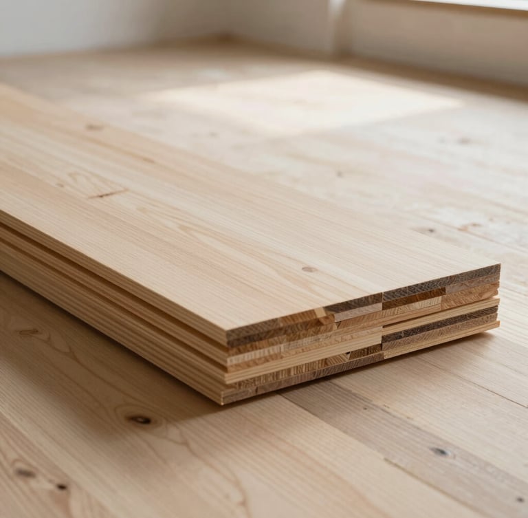 Low-angle shot looking across a freshly prepped, perfectly level plywood subfloor with clean timber planks stacked neatly in a bright, sunlit room, emphasizing structural precision.