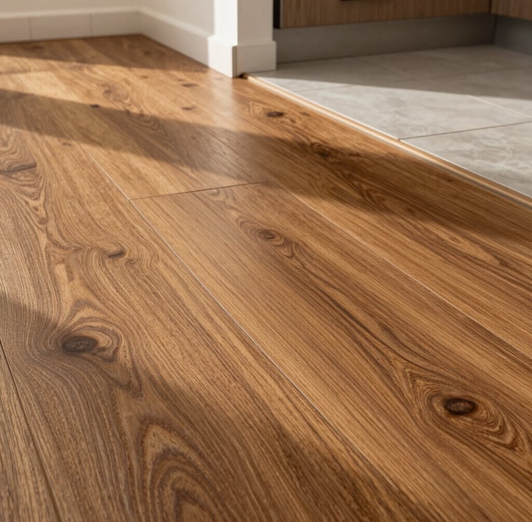 Low-angle architectural shot of luxury vinyl plank flooring with deep oak wood grain texture, natural sunlight streaming across the flush transition to a tiled kitchen.