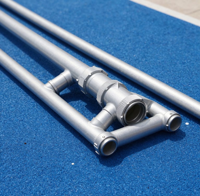 Pristine, newly installed pool equipment pad with clean PVC plumbing runs, bright natural daylight, silver and deep blue tones, sharp focus, 35mm