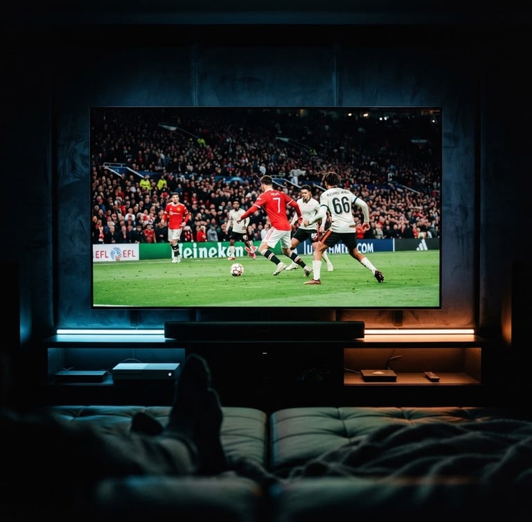 Sleek smart TV mockup displaying a live football match in a dark, moody home theater room with neon ambient glow, 35mm cinematic style