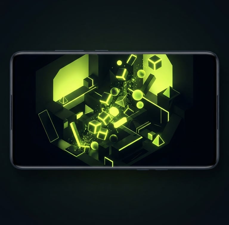 Sleek 3d render of a minimalist physics game on an Android screen, neon backlighting with deep shadows, glowing lime green blocks tumbling, sharp isometric perspective, octane render