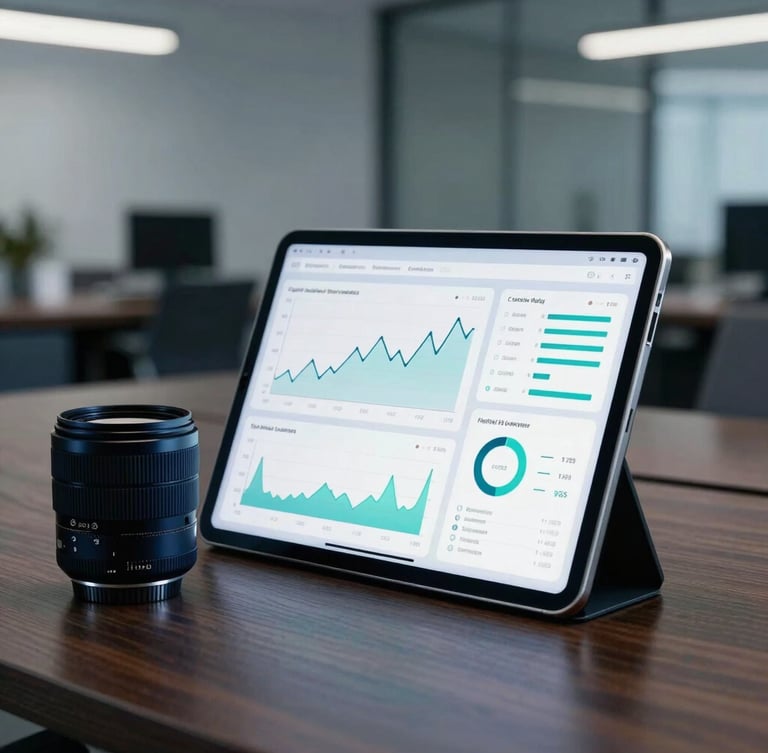 Sleek corporate photography, cool executive office lighting, deep navy and sharp turquoise accents, 35mm lens. Close-up of a modern tablet display showing clean financial dashboards and predictive line charts on a dark wood boardroom table, soft background depth.