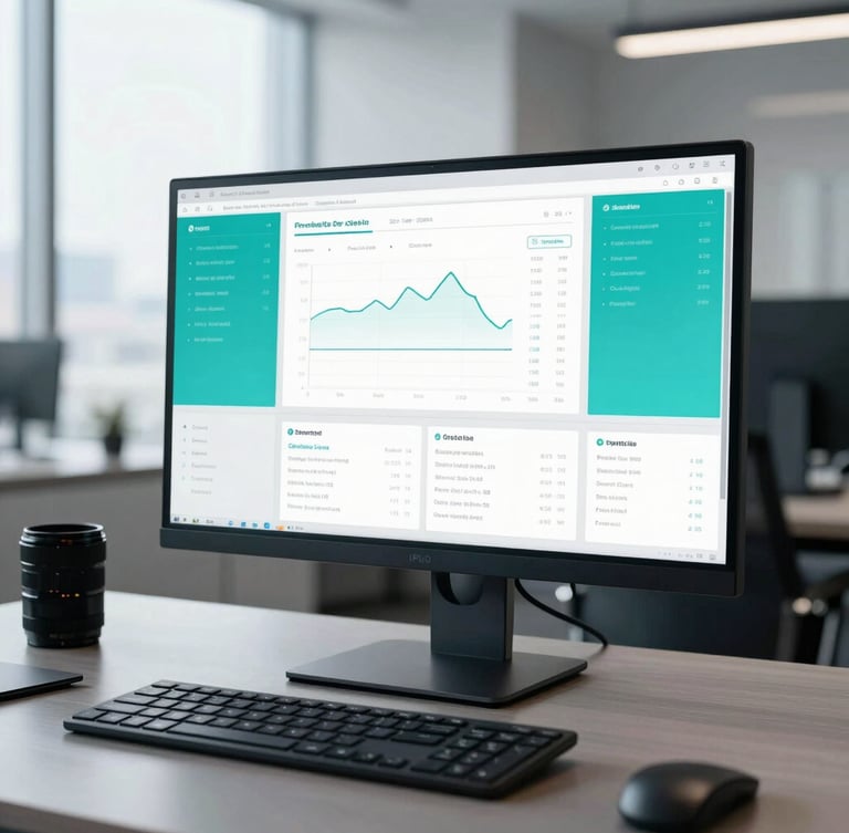 Sleek corporate photography. Close-up of a high-end executive desk with a modern display showing clean, minimalist financial dashboards. Cool-toned office daylight, sharp turquoise reflections, 35mm lens.