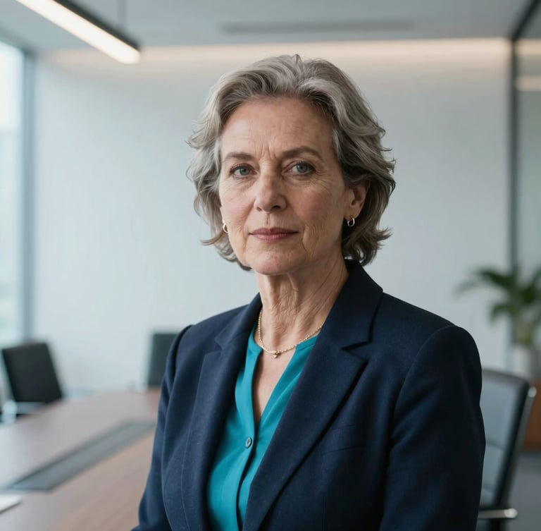 Medium close-up portrait of a senior female data strategist in a minimalist boardroom, cool daylight, deep navy tones, sleek corporate photography