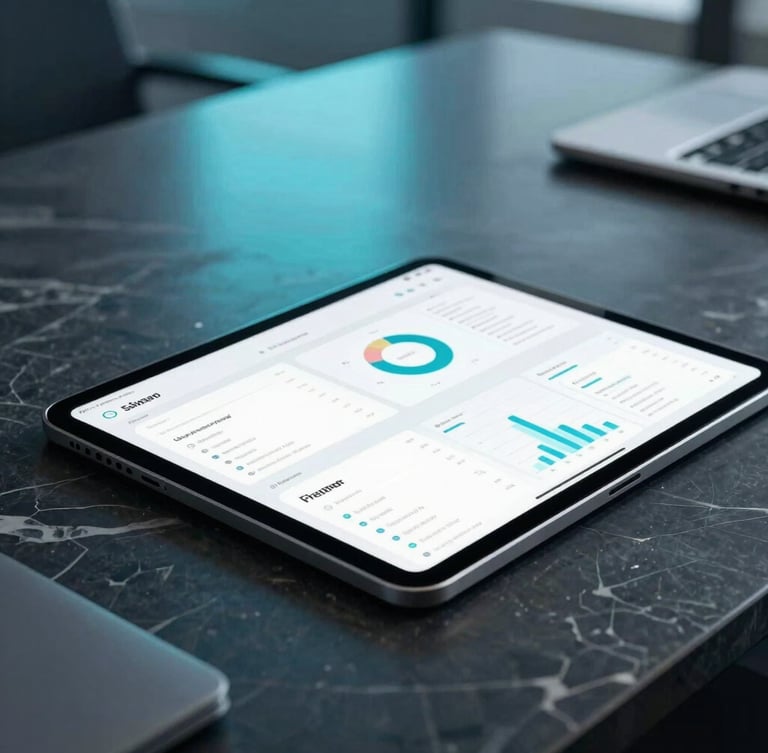 Sleek corporate photography, a close-up of a modern executive tablet showing clean data visualizations on a dark marble desk, cool executive office lighting with subtle turquoise reflections, shallow depth of field, 35mm lens