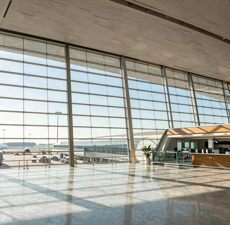 A wide-angle, clean architectural shot of a modern airport terminal lobby with bright morning light pouring through glass panels, casting sharp geometric shadows.