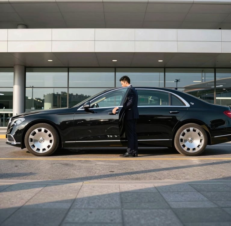 Side view of a premium black sedan parked outside a modern airport terminal, chauffeur in a dark suit holding the door open, crisp morning shadows on clean pavement, 35mm editorial photography