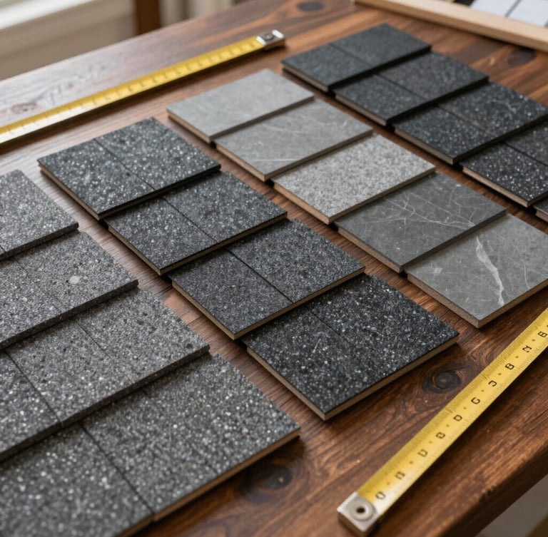 Selection of grey and black granite tile samples arranged on a wooden table with a measuring tape.