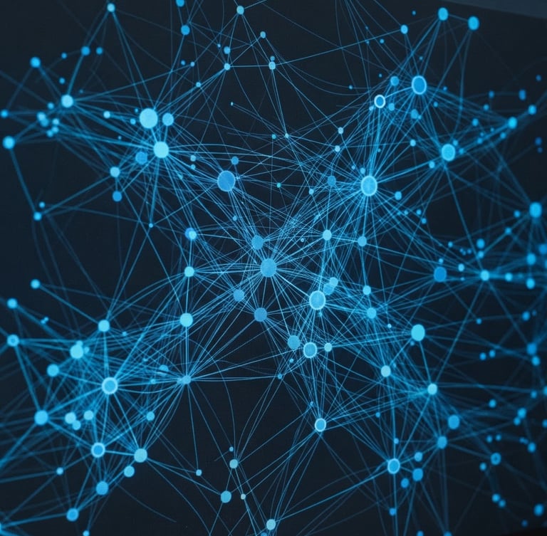 Macro close-up of a dark data dashboard on a screen, glowing blue network nodes, crisp studio lighting, cool slate tones, sharp focus, 35mm