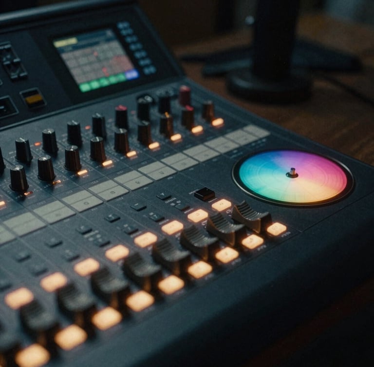 Tight macro shot of a high-end physical editing console with glowing backlit keys and a color wheel in a moody, low-key Shoreditch studio, letterbox format, 35mm film grain.
