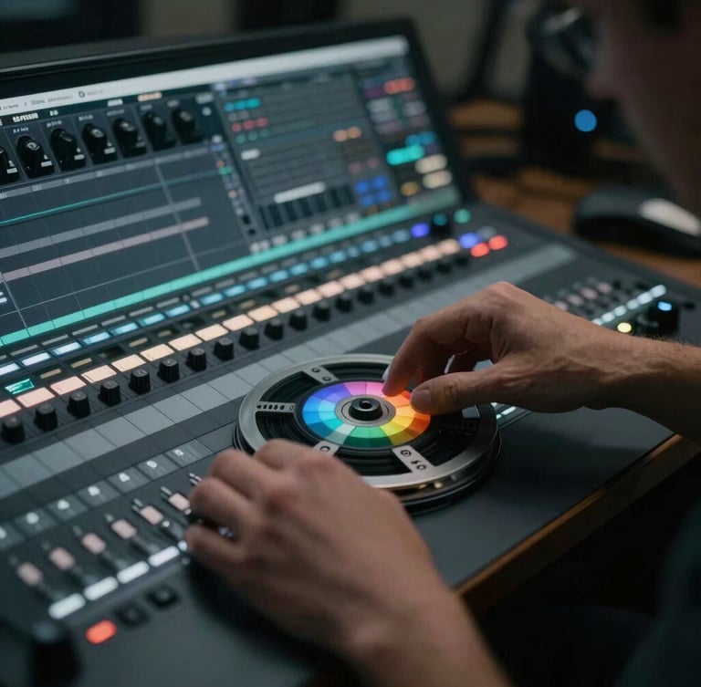 A close-up of a high-end editing bay in Shoreditch, moody low-key lighting, hands adjusting a professional color grading wheel, 35mm film grain, letterbox format.