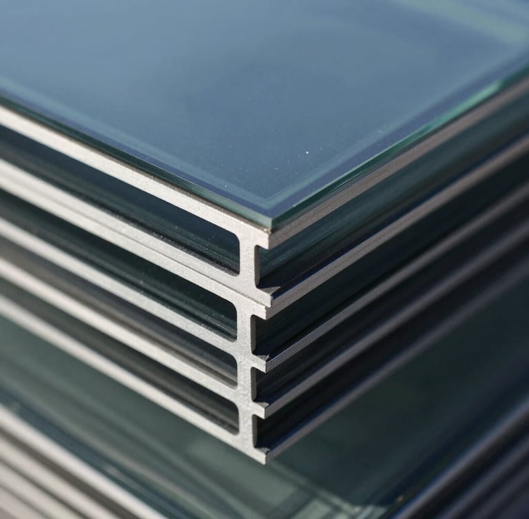 Close-up of laminated glass edges showing perfect alignment of three structural layers, cool crisp daylight, high contrast.