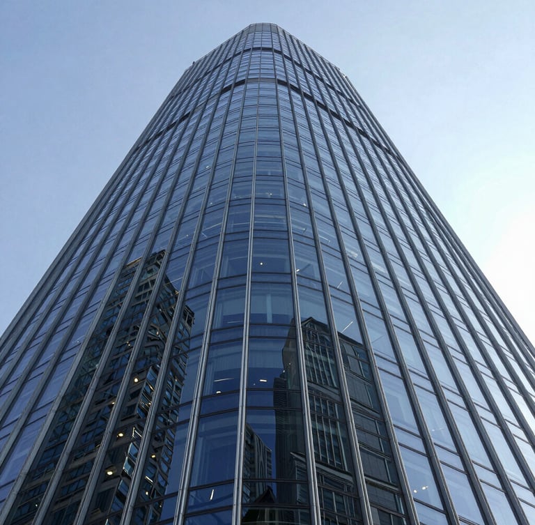 Wide-angle architectural perspective looking up at a modern skyscraper glass facade reflecting cool crisp daylight, deep navy and silver tones