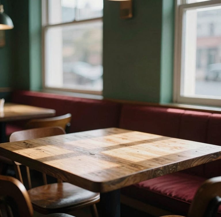 Cozy Scandinavian-style restaurant interior, soft morning window light, rustic wooden tables, rich shadows, shallow depth of field, 35mm photography.
