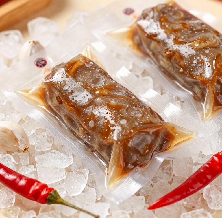 Extreme close-up of premium frozen vacuum-sealed bakso packs resting on clean crushed ice, bright warm overhead kitchen lighting, fresh red chilies and garlic cloves scattered beside, high contrast food photography