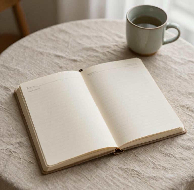 A top-down flat-lay of an open printable prayer journal on a textured linen tablecloth, soft morning light, a ceramic mug nearby, muted sage and sand tones, 35mm