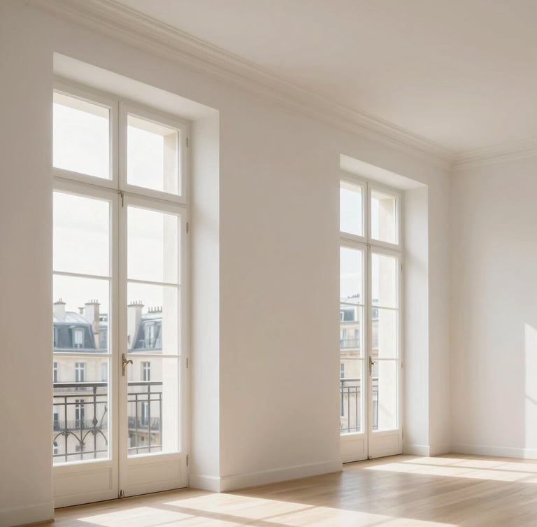 Bright pristine Parisian apartment interior, high ceilings, large windows with soft natural daylight streaming in, minimalist luxury, 35mm lens