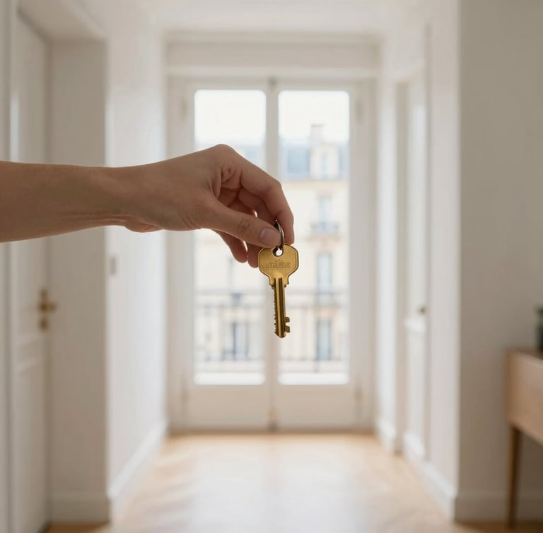 Close-up of premium brass keys being handed over professionally in a bright, sunlit Parisian apartment hallway, 35mm lens