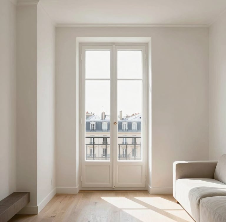 Portrait architectural crop of a luxury Parisian apartment, bright natural window light streaming across a clean minimalist living room, soft neutral tones, editorial interior photography, 35mm lens.