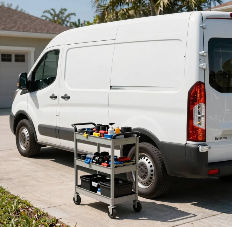 A clean white service van parked in a sunny Deltona residential driveway, tools neatly organized on a mobile cart in the foreground, natural outdoor shadows.