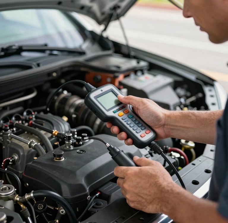 A professional mechanic's hands using a diagnostic scanner inside a car engine bay, bright Florida daylight, high contrast, tools resting nearby