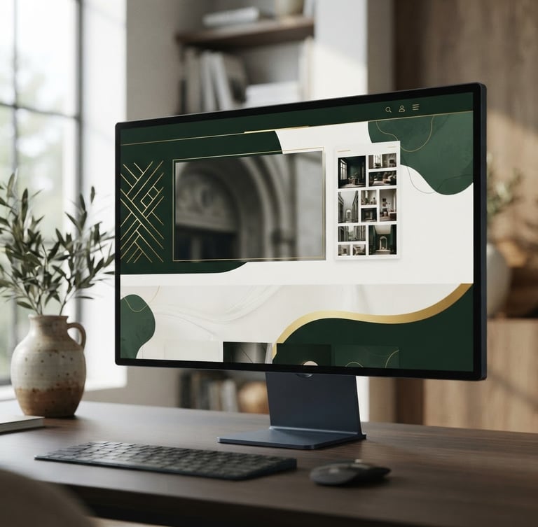 High-end design mockup of a sleek website UI on a modern monitor, with subtle brand elements in dark green and gold, soft natural daylight.