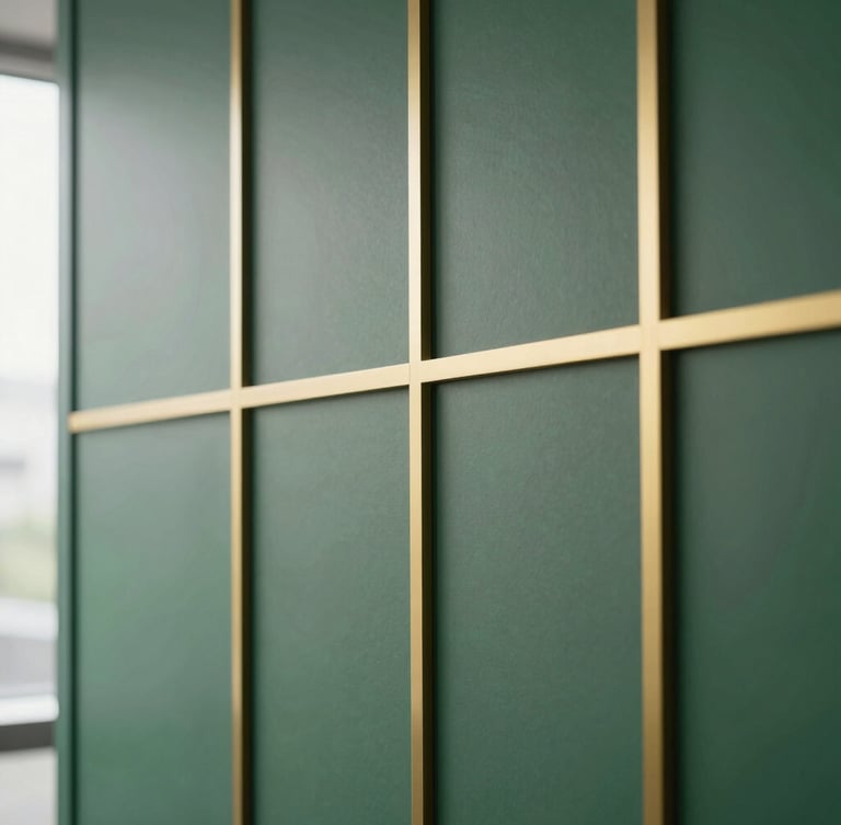 Close-up of elegant architectural details in a modern office, soft natural daylight, deep forest green and gold accents, clean minimalist composition, 35mm