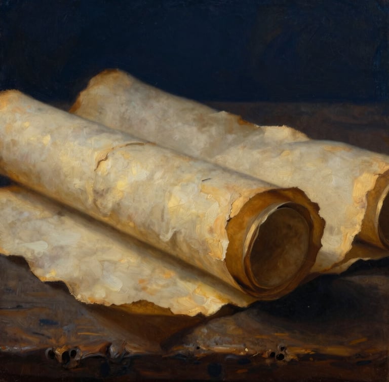 Macro shot of weathered ancient parchment scrolls resting on rough wood under dramatic golden-hour chiaroscuro, fine art oil painting style, deep navy shadows.