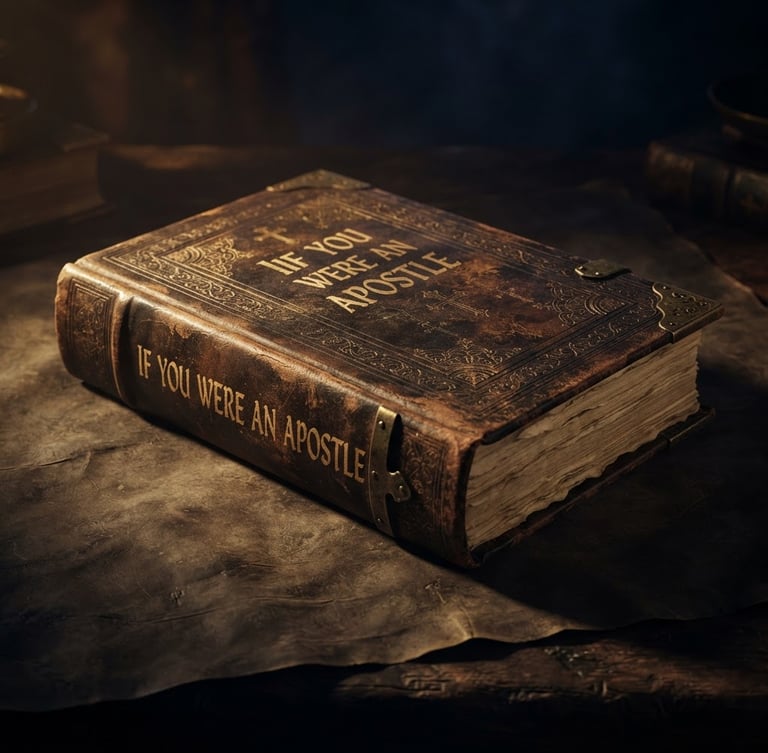 A photorealistic 3D mockup of an ancient leather-bound study book titled 'If You Were an Apostle' resting on a dark textured parchment surface, dramatic golden-hour side lighting, chiaroscuro style