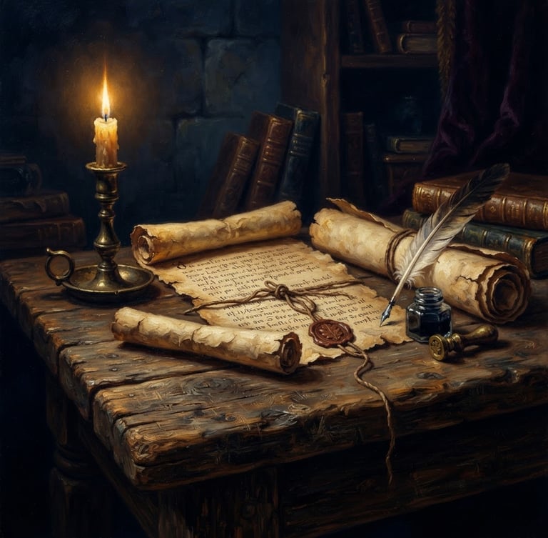 A weathered wooden table with ancient textured parchment scrolls, candle light casting a warm golden glow, oil painting style, deep navy tones.
