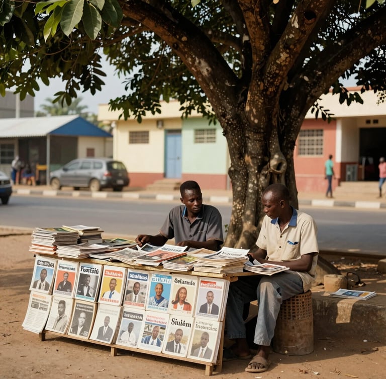 Scène de rue authentique à Dakar, un marchand de journaux installé sous un grand arbre, étalage de quotidiens imprimés, lumière naturelle du matin.