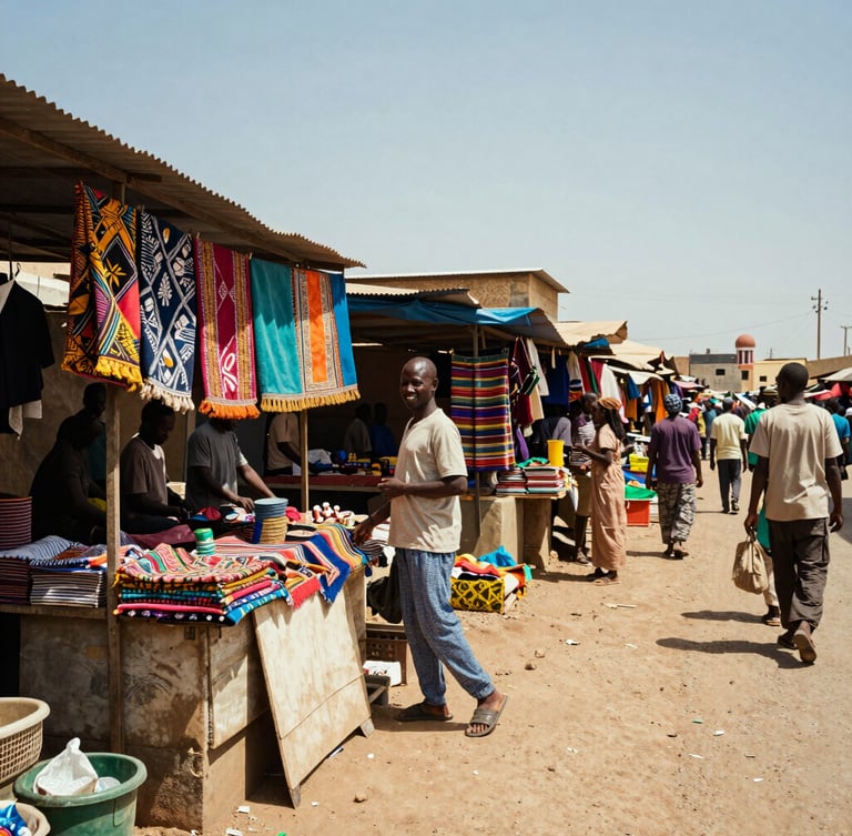 A wide-angle, bright Sahelian sunlight shot of a bustling Dakar street market, a local merchant smiling behind colorful fabric stalls, vibrant but natural tones, environmental framing.