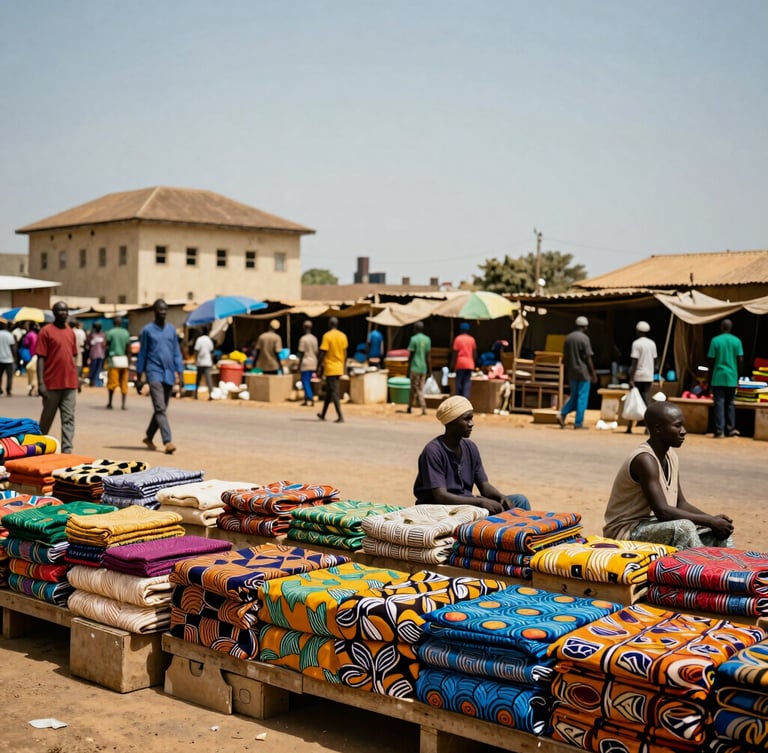 Vue latérale lumineuse du marché de Sandaga à Dakar, étals de tissus colorés sous le soleil sahélien, perspective dégagée sur l'architecture soudano-sahélienne en arrière-plan.